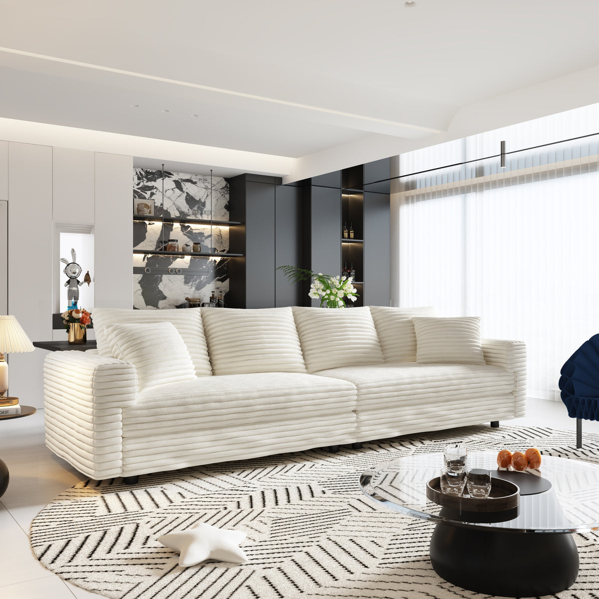 Sofa Modern Cushioned Seating Beige Corduroy 4-Seater in a modern living room