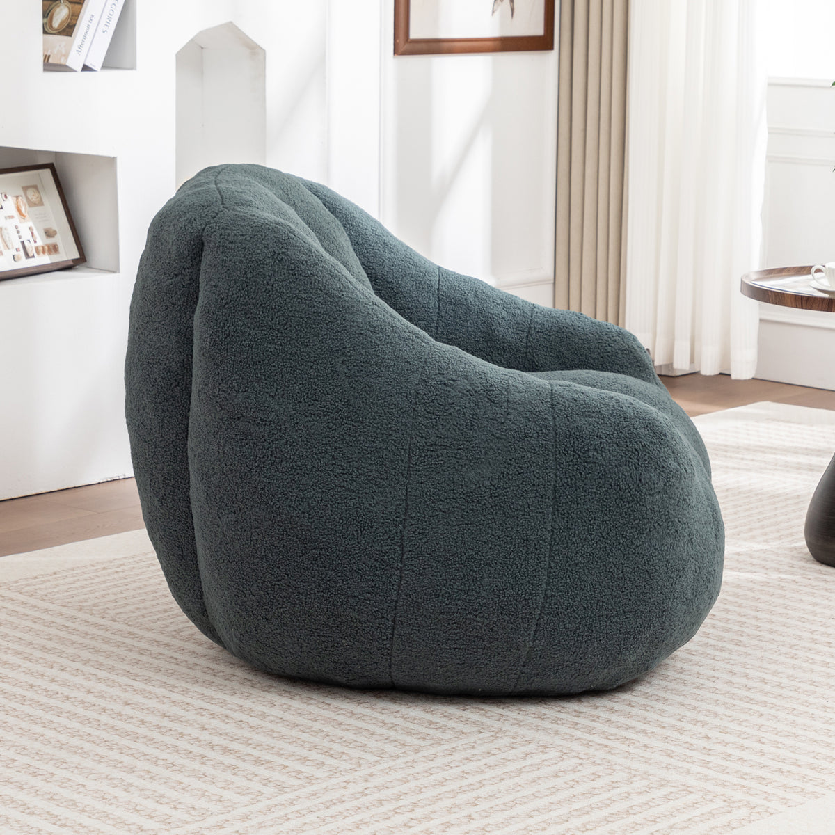 Construction and detail view of Bean Bag Chair Tufted Memory Foam Green Teddy Fabric