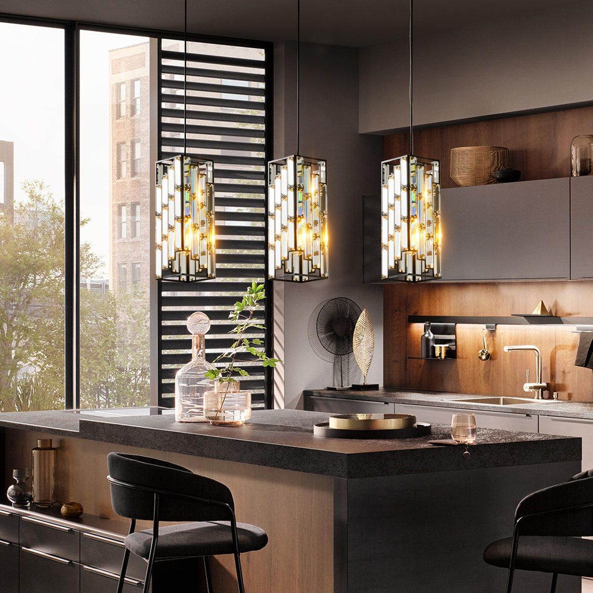 Alternate angle of Pendant Light 3-Pack Crystal Set Black Crystal & Metal