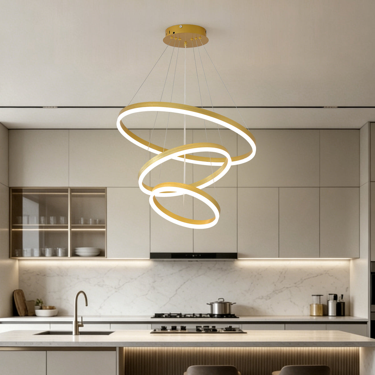 Full product view of Chandelier 3-Ring Dimmable LED Gold Acrylic & Aluminum