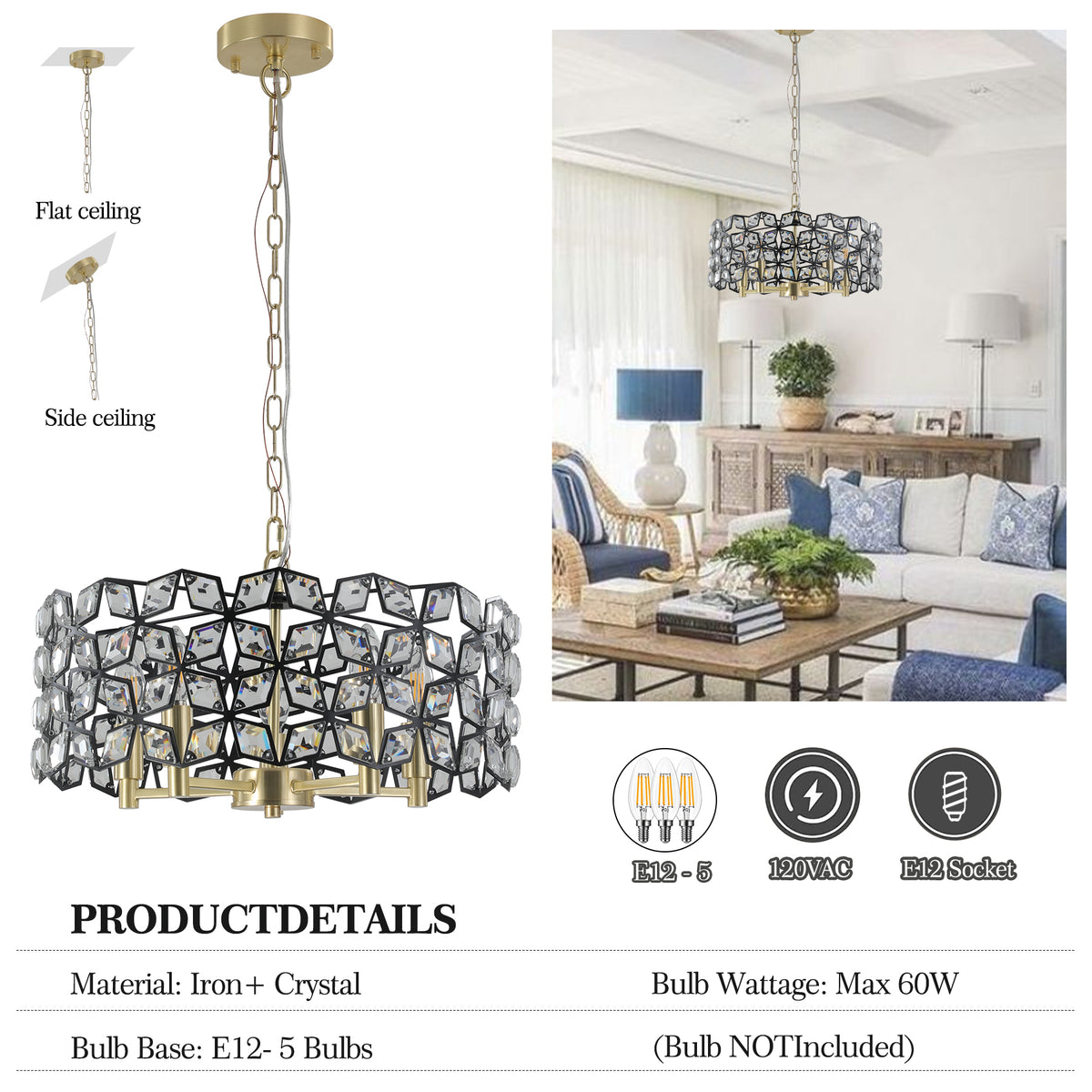 Additional product detail of Pendant Chandelier 5-Light Crystal Black & Gold Crystal & Metal
