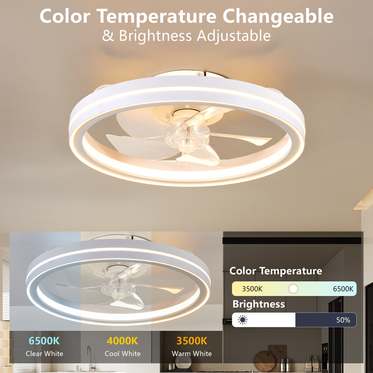 Ceiling Fan Modern Remote & App Control White Iron in a modern home interior