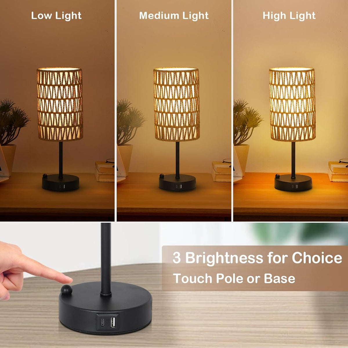 Close-up detail of Table Lamp Boho Touch Control Brown Rattan & Linen