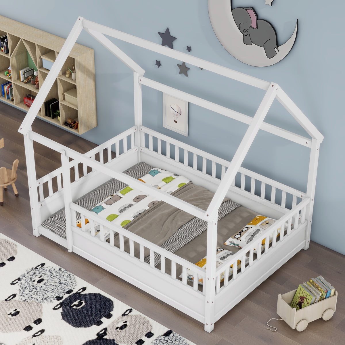 Construction and detail view of Bed Frame Modern House Roof & Guardrails White Wood Full Size
