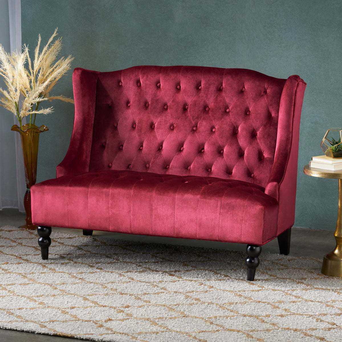 Loveseat Sofa Cushioned Seating Wine Red Velvet 2-Seater in a modern living room