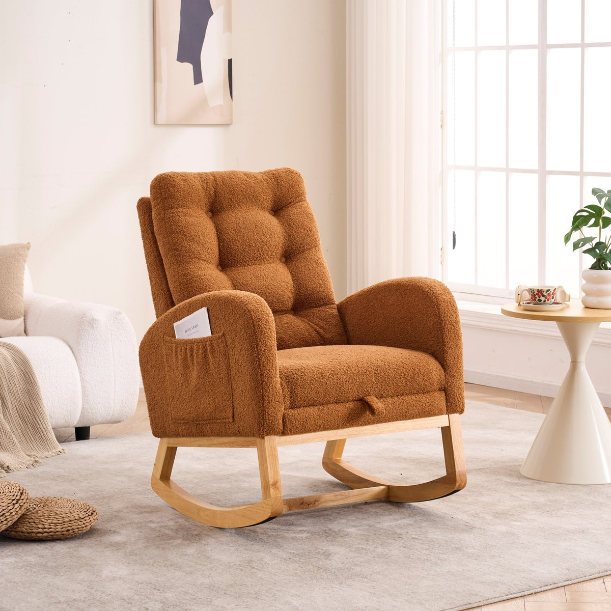 Rocking Chair High Back & Footrest Caramel Rubber Wood in a modern living room