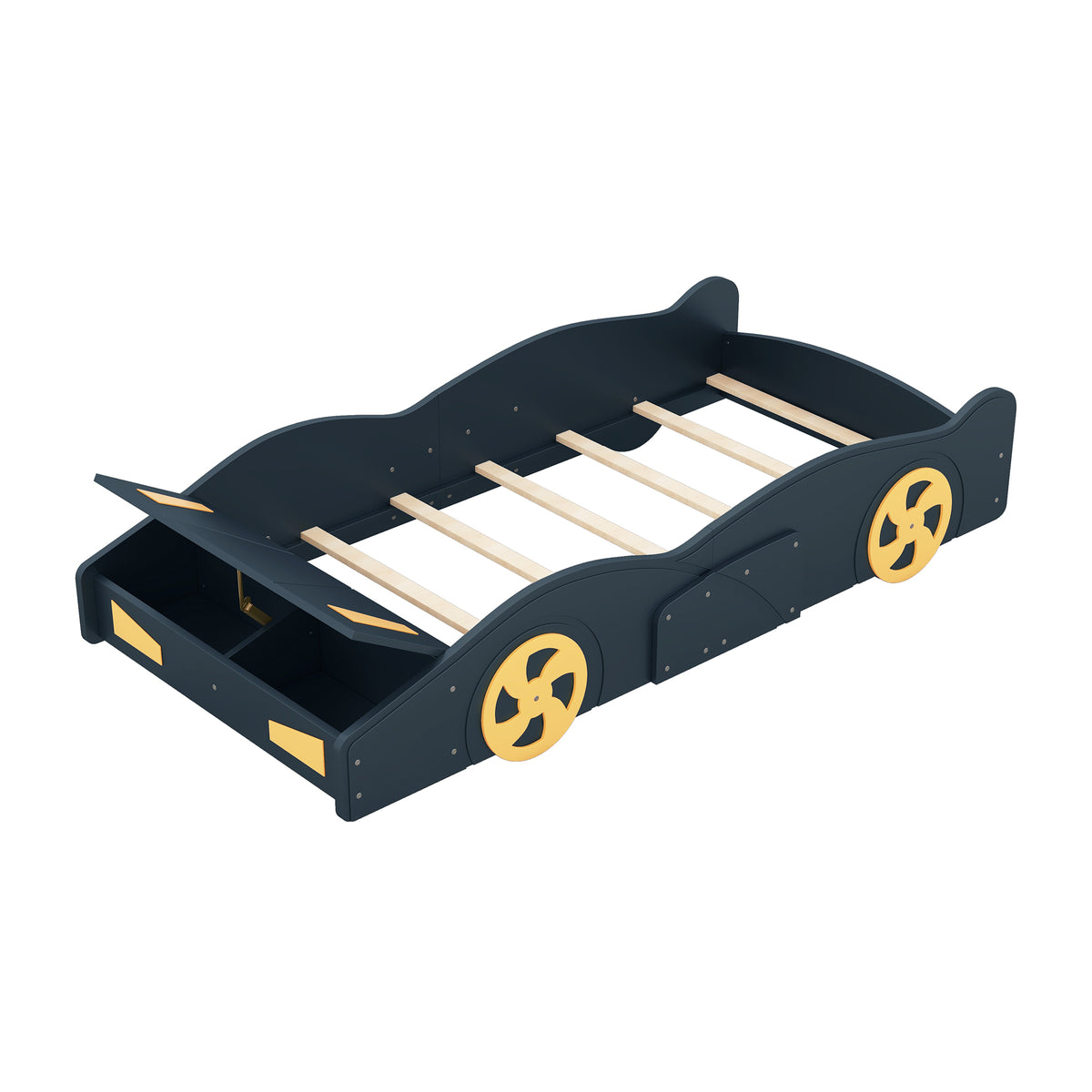 Full product view of Platform Bed Frame Race Car Storage Dark Blue Solid Wood & MDF Twin Size
