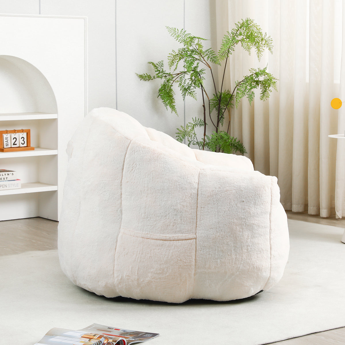 Design feature view of Bean Bag Chair Armrests & High-Density Foam White Faux Fur