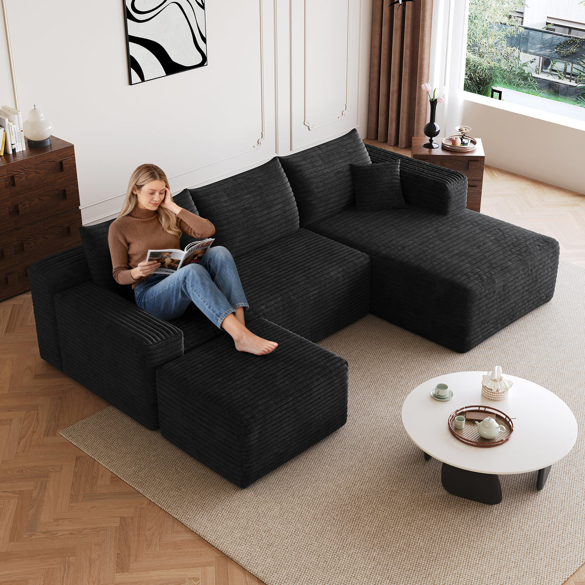 Close-up detail of Sectional Sofa Modular with Ottoman Black Corduroy