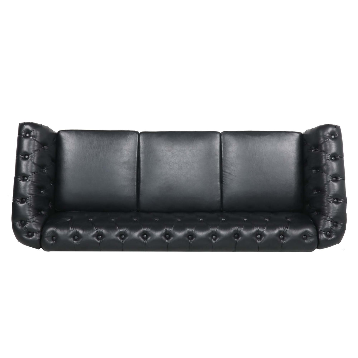 Construction and detail view of Sofa Chesterfield Cushioned Seating Black PU Leather 3-Seater