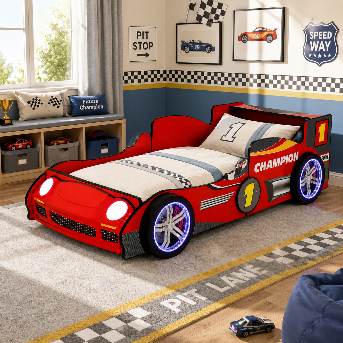 Bed Frame LED Race Car Design Red Particle Board Twin Size in a modern bedroom