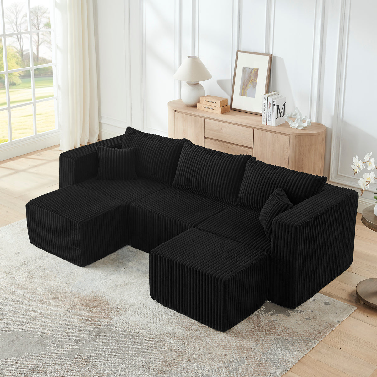 Full product view of Sectional Sofa Minimalist Modular Sectional Black Corduroy 3-Seater